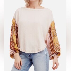 Free People Blossom Peach Pink Thermal Boho Waffle Knit Blouse